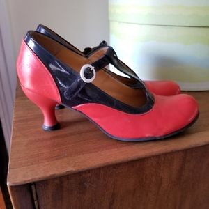 Red and navy fluevog Bellevue heels